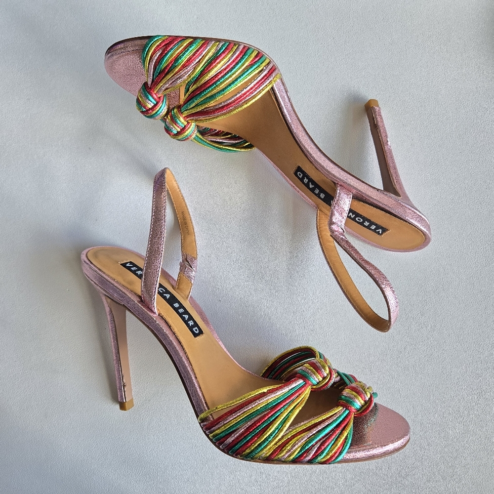 Veronica Beard Metallic Rainbow Leather Alessia Knot Sandals Size 37 Glam Party - Picture 2 of 9